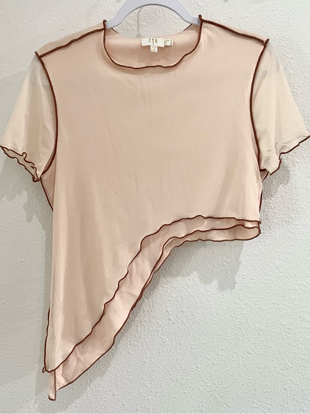 ZYA Mesh Asymmetrical Y2K Top Short Sleeve Neutral Scallop Hem